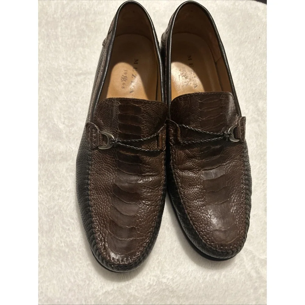 Mezlan Vesta Ostrich Leg and Woven Calfskin Moc Toe Bit Strap Loafers Brown 10.5